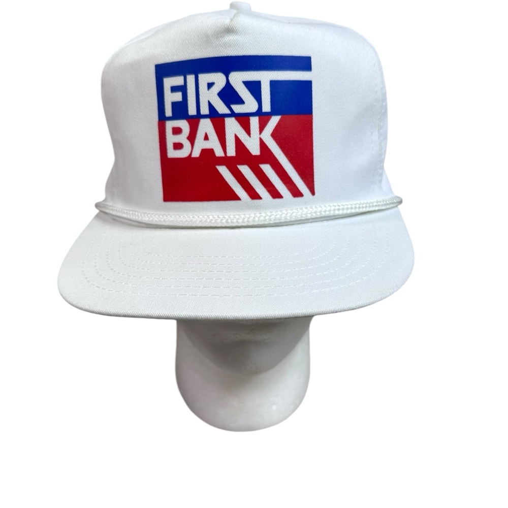 Vintage First Bank Strap Back Rope Trucker Hat White Cap Made In The USA 90s